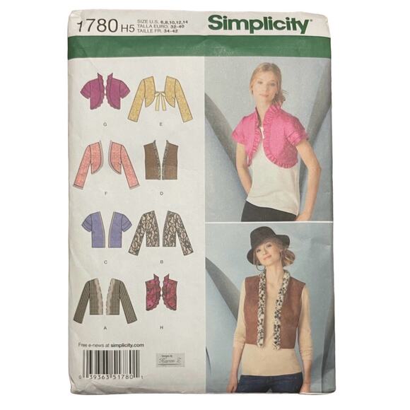 Simplicity 1780 Sewing Pattern Misses Bolero Jacket Vest Size 16-24 Uncut/FF - Picture 1 of 7